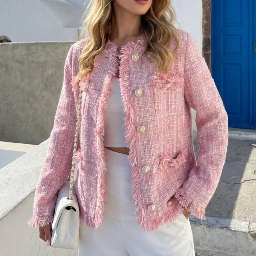 Pink Elegant Women's Tassel Fitted Jacket - Picture 3 of 10
